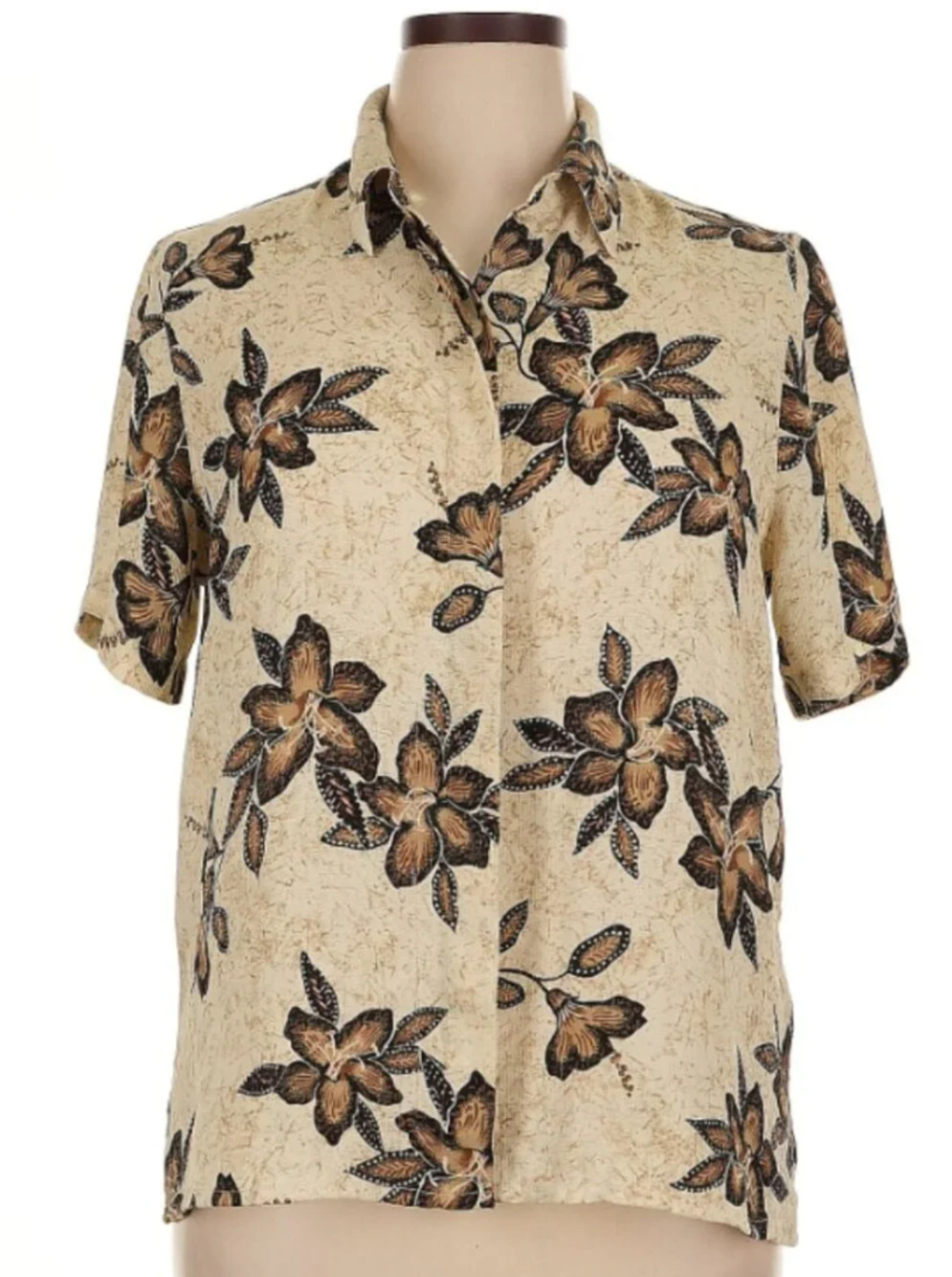 Alfred Dunner Tropical Floral Blouse Boho Button Up Tan Brown Linen Look Size 14